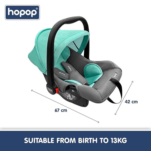 Hopop Baby Car Seat | 4 in 1 Multi-Purpose Infants Car Seat /Carry Cot /Rocker /Feeding Chair for 0 to 15 Months | 3 Point Adjustable Safety Belt Car Seat for Baby | Weight Capacity Up to 13 Kgs | Light Green & Grey