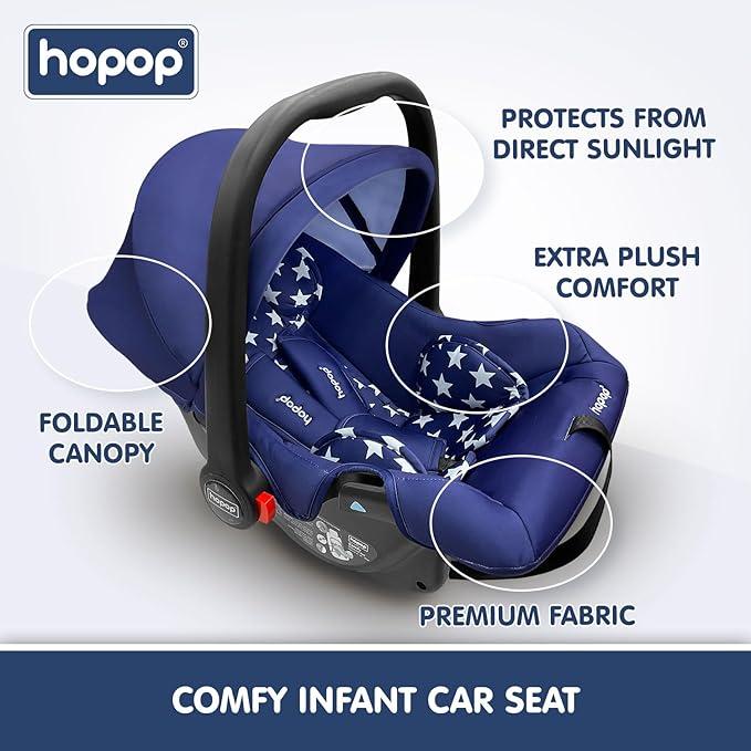 Hopop Baby Car Seat | 4 in 1 Multi-Purpose Infants Car Seat /Carry Cot /Rocker /Feeding Chair for 0 to 15 Months | 3 Point Adjustable Safety Belt Car Seat for Baby | Weight Capacity Up to 13 Kgs | Blue Stars