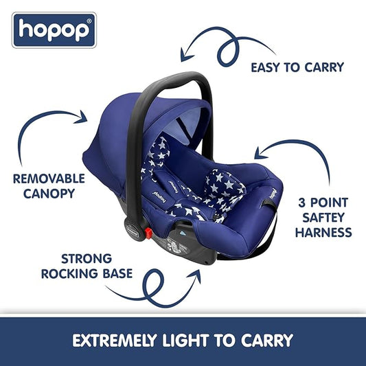 Hopop Baby Car Seat | 4 in 1 Multi-Purpose Infants Car Seat /Carry Cot /Rocker /Feeding Chair for 0 to 15 Months | 3 Point Adjustable Safety Belt Car Seat for Baby | Weight Capacity Up to 13 Kgs | Blue Stars