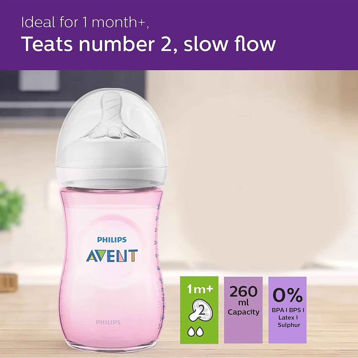 Avent Natural Bottle | Ideal for 1 Month+ | Slow Flow | BPA Free | Pink Color | 260ml