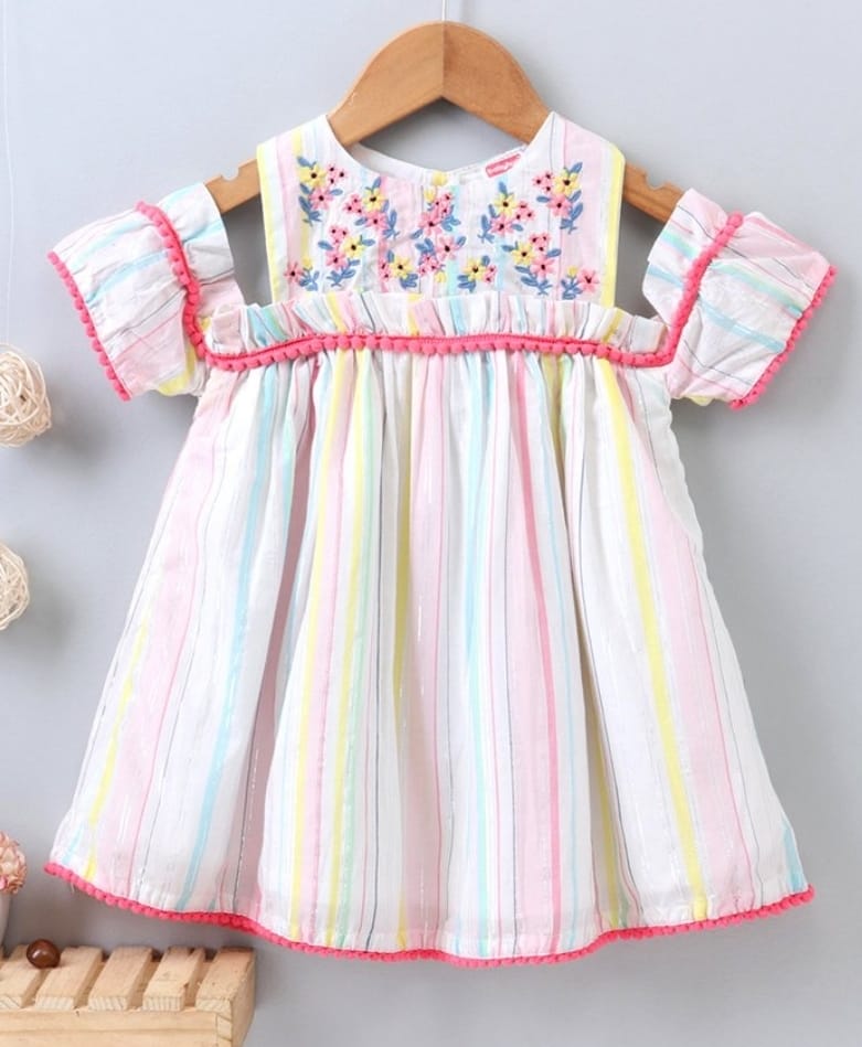 Babyhug Half Sleeve Yarn Dyed Frock with Floral Embroidery - Mutlicolor 12 TO 18 M