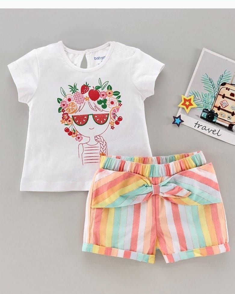 Babyoye Half Sleeves Top & Striped  Shorts - White 12 TO 18 M