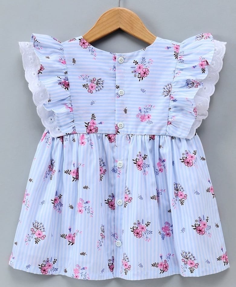 ToffyHouse Frill Sleeves Striped Frock Floral Print - Blue 12 TO 18 M