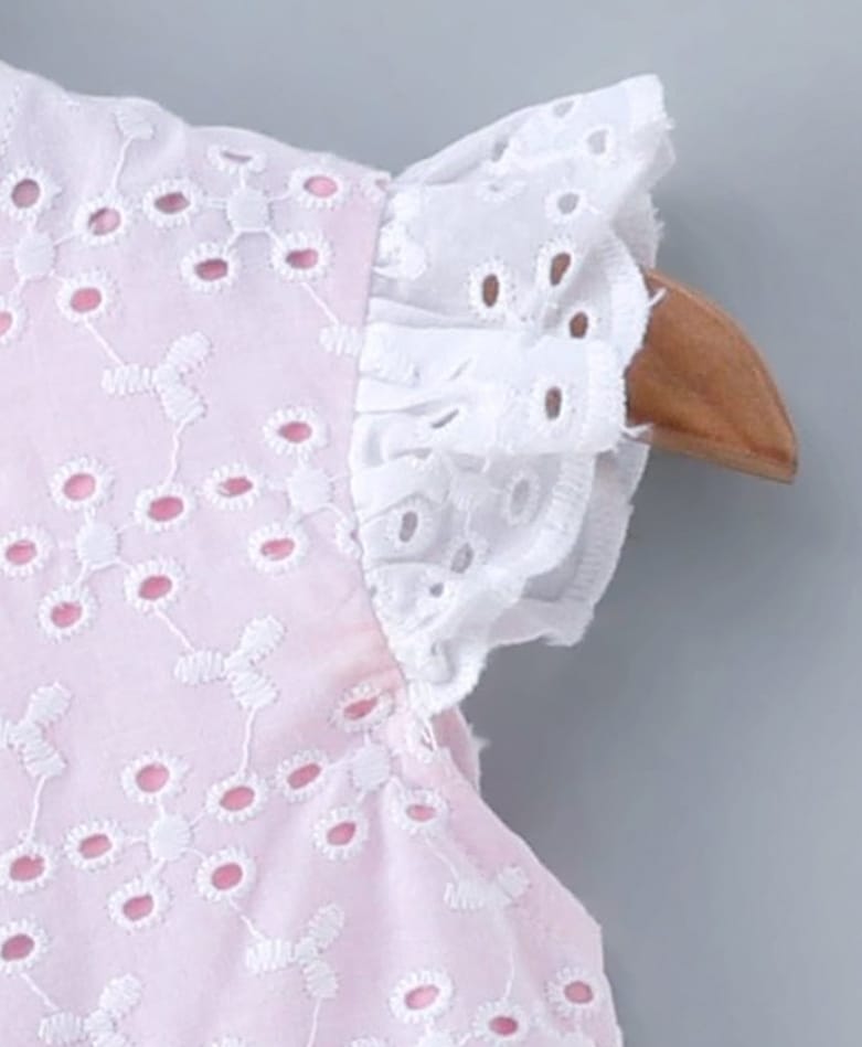 Babyoye Cap Sleeves Hakoba Frock With Bloomer Floral Appliques - White Pink 18 TO 24 M