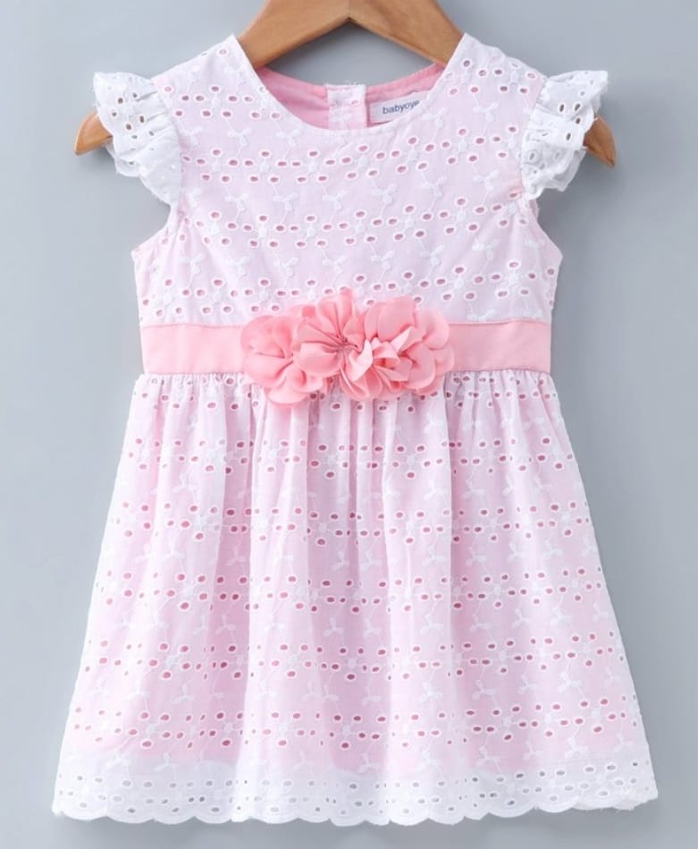 Babyoye Cap Sleeves Hakoba Frock With Bloomer Floral Appliques - White Pink 18 TO 24 M