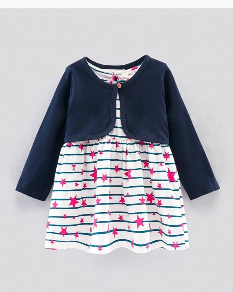 Bonfino Half Sleeves Frock with Full Sleeves Shrug Star Print - White Blue 9 TO 12 M