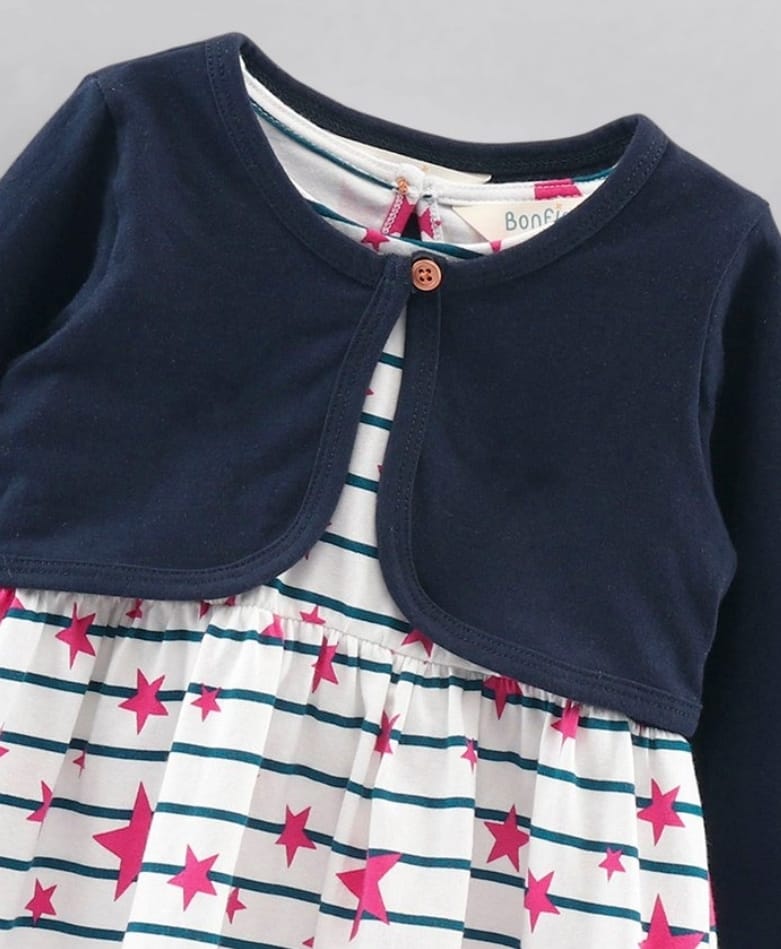 Bonfino Half Sleeves Frock with Full Sleeves Shrug Star Print - White Blue 9 TO 12 M