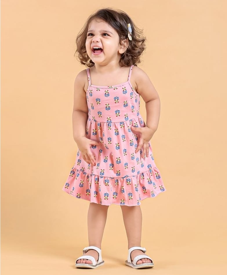 EARTHY TOUCH Sleeveless Cotton Ethnic Dress Floral Print - Pink 9 TO 12 M