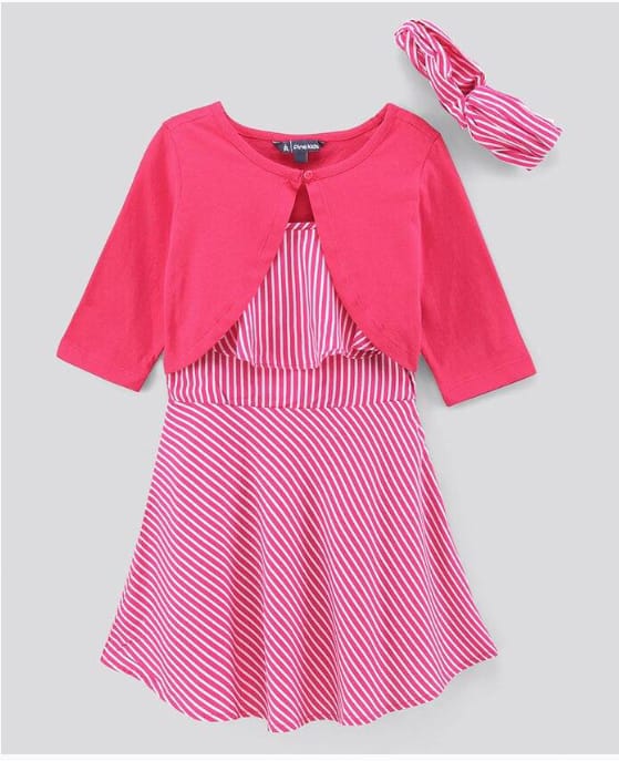 Pine Kids Sleeveless Rayon Frill Frock with Full Sleeves Shrug & Hairband - Pink 5 to 6