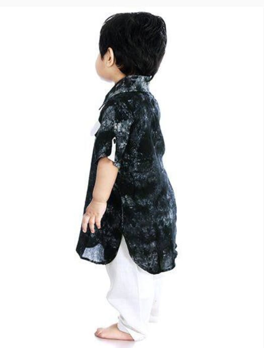 Little Pockets Store Tie & Dye Pathani Kurta With Contrast Pajama - Black 6 to 7